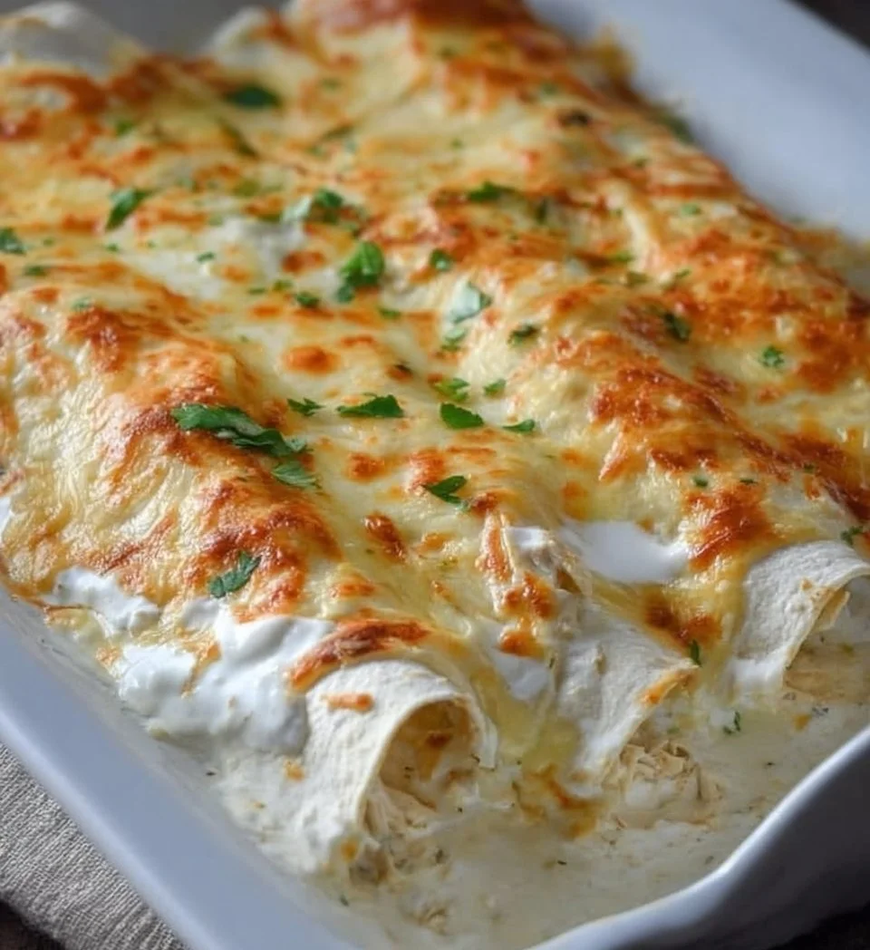 Delicious white chicken enchiladas topped with cheese and creamy sauce
