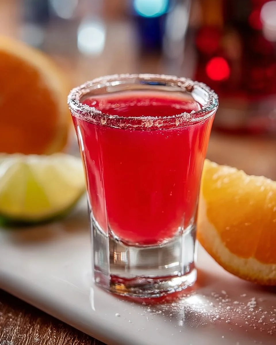 Delicious Woo Woo Shot cocktail garnished with fresh fruits