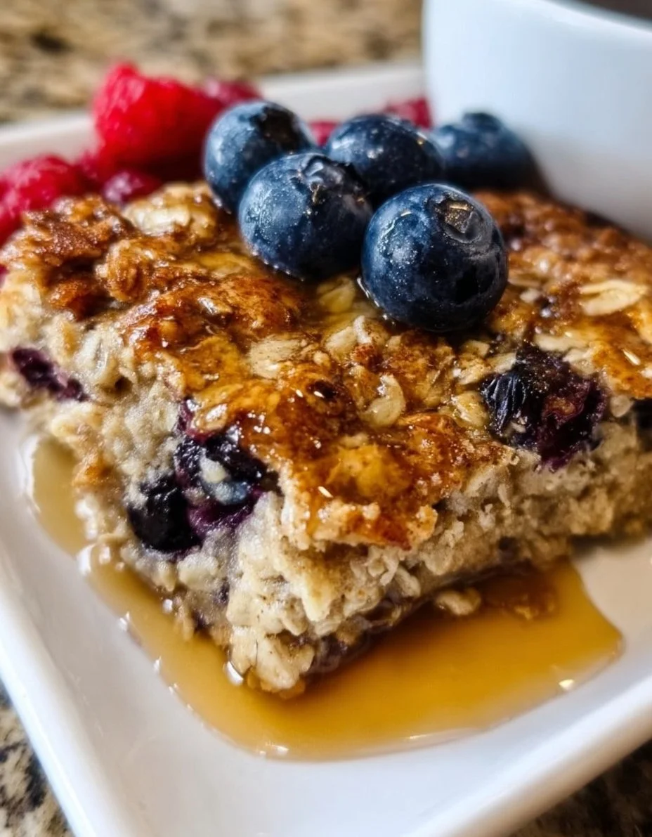 Baked blueberry oatmeal dish served in a bowl with fresh blueberries on top.