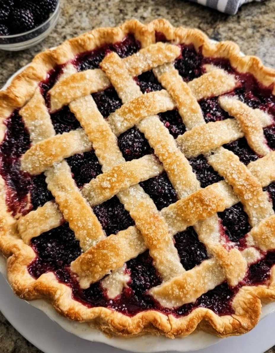 Homemade blackberry pie with fresh blackberries and flaky crust