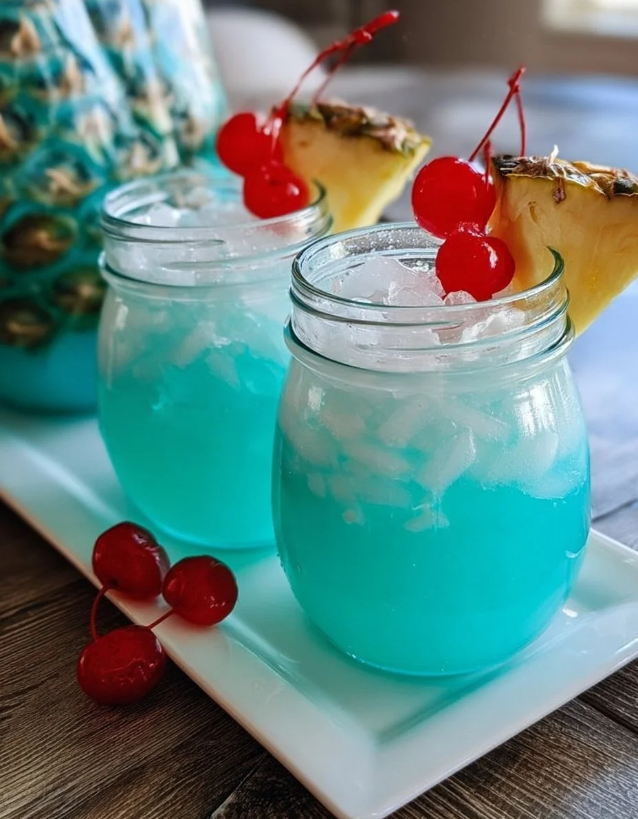 Blue Hawaiian Party Punch garnished with fruit in a tropical setting