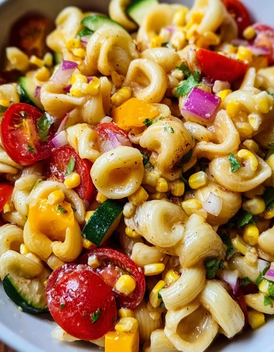 Colorful Corn Pasta Salad with fresh vegetables and dressing