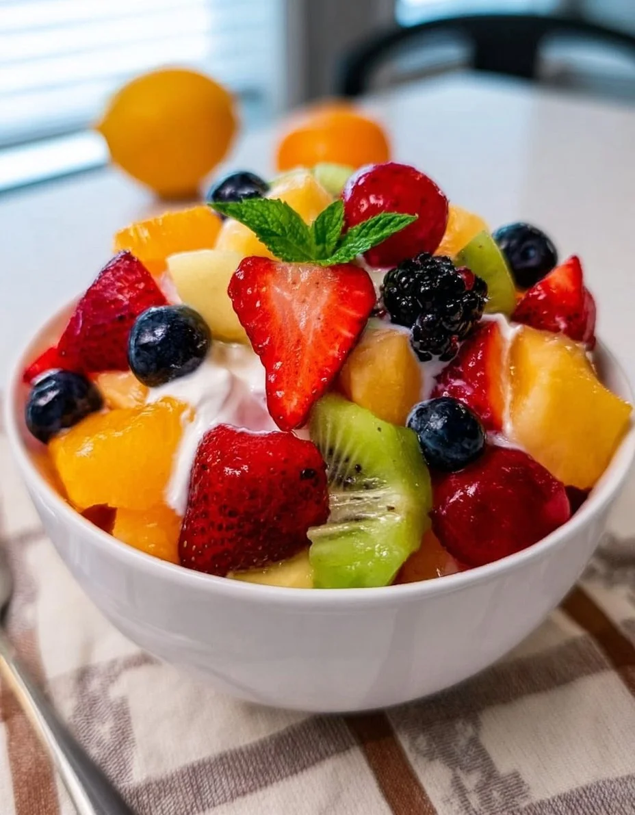 Delicious creamy fruit salad with fresh fruits and a creamy dressing