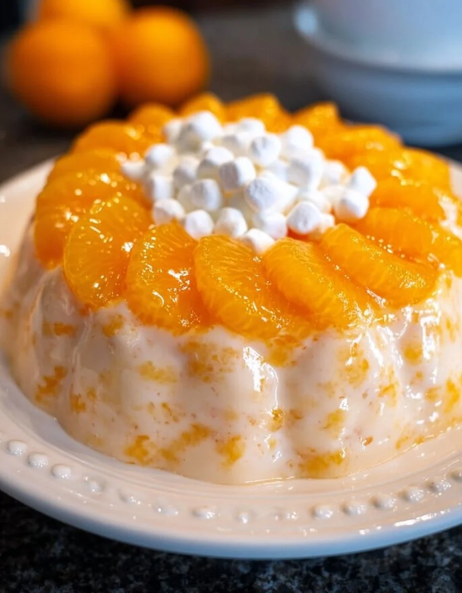 Creamy mandarin orange jello salad served in a bowl