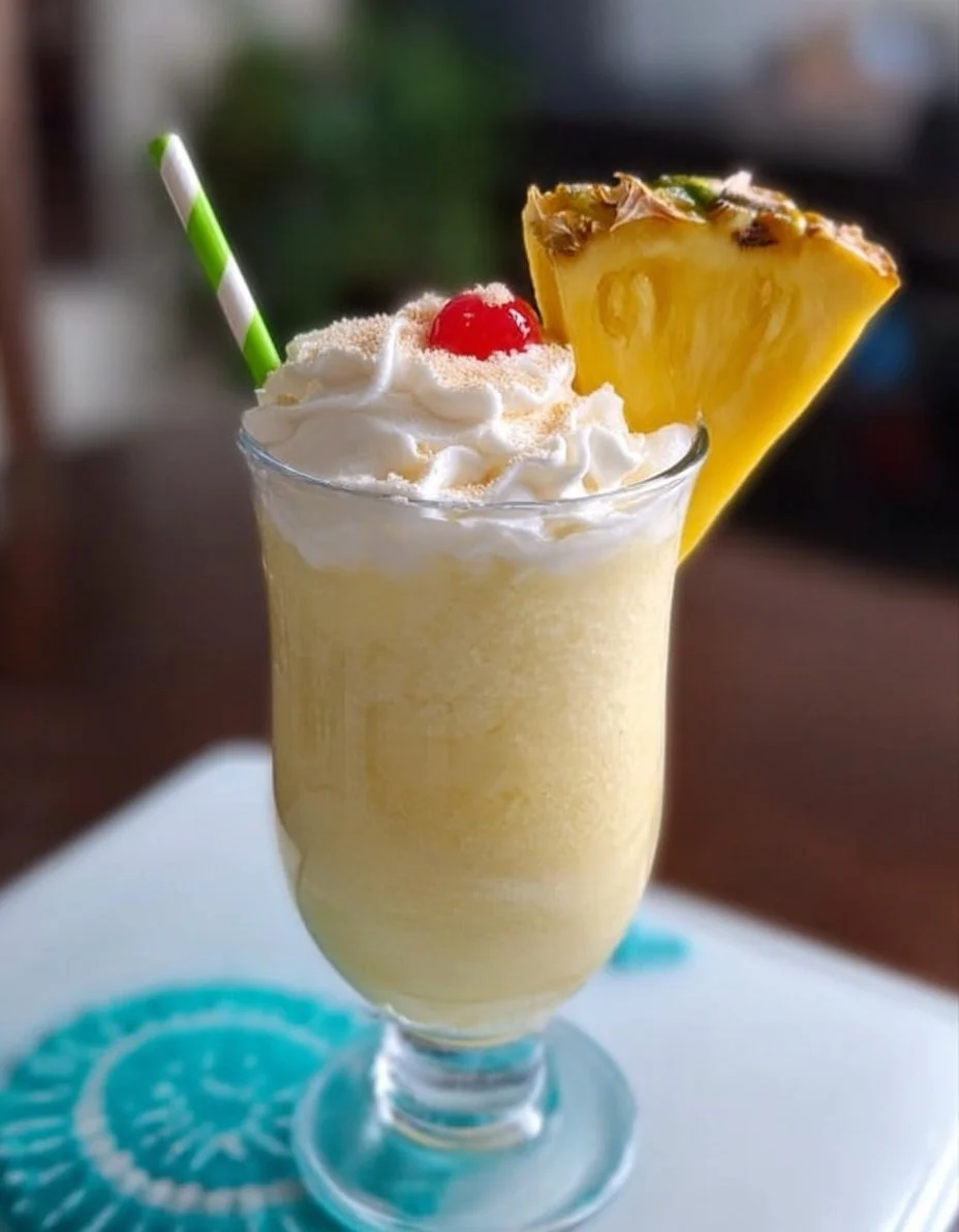 Delicious Dole Whip served in a cup with a tropical backdrop