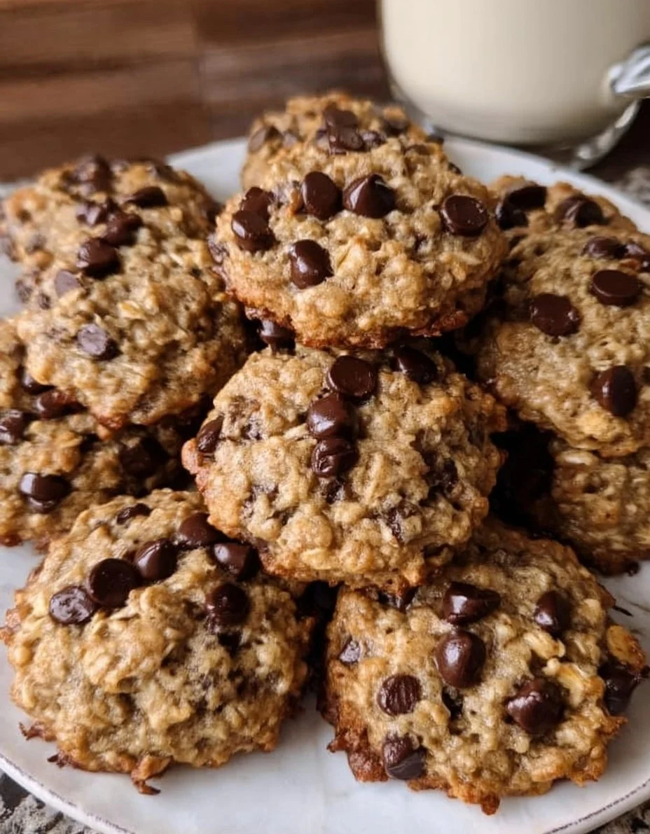 Plate of easy banana oatmeal cookies with oats and bananas