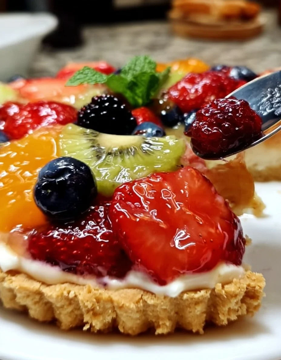 Delicious fresh fruit tart topped with a variety of colorful fruits.