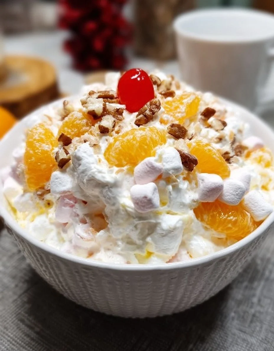 Bowl of homemade ambrosia salad with fruits and whipped cream