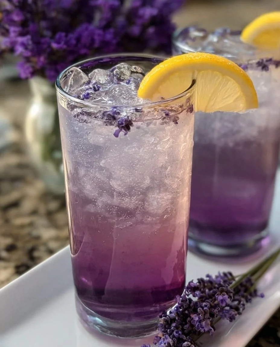 A refreshing Lavender Haze Cocktail garnished with lavender flowers on a bar counter.