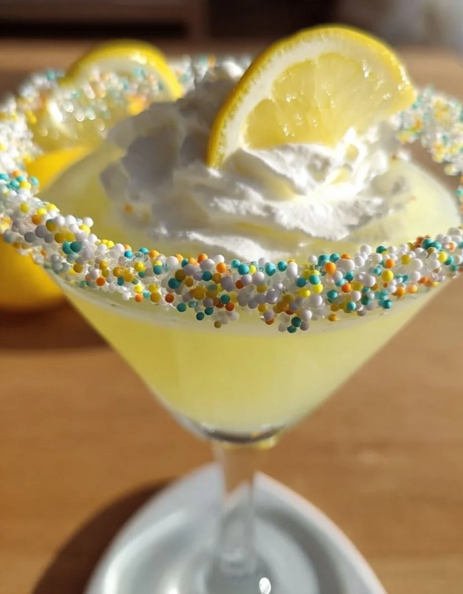Lemon Cupcake Martini garnished with lemon and sprinkles in a cocktail glass.