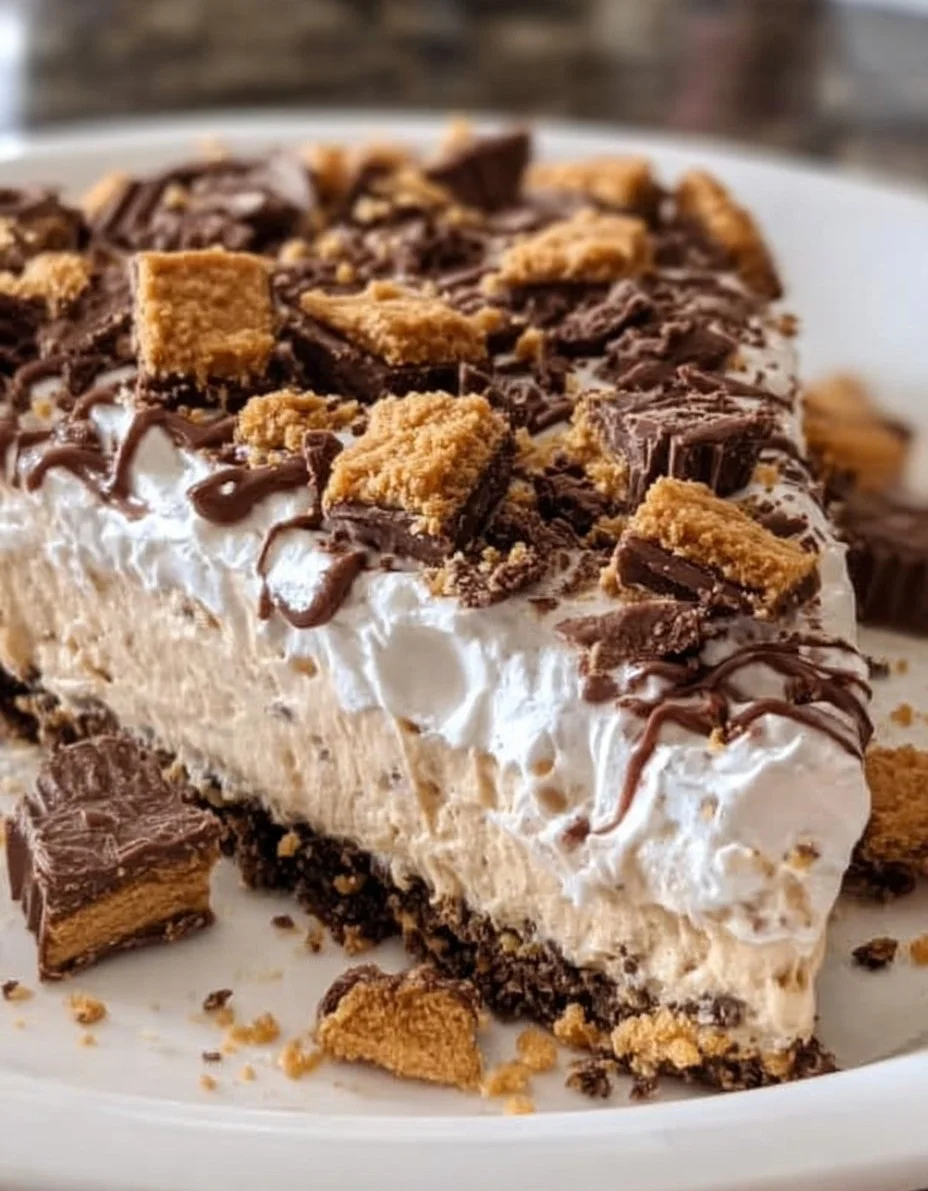 No Bake Reese's Peanut Butter Pie topped with chocolate and whipped cream