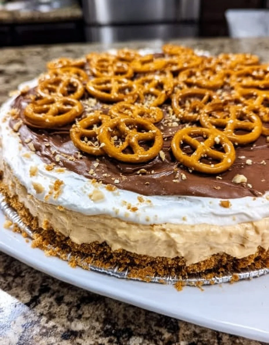 Delicious Pretzel Peanut Butter Pie with a crunchy topping and creamy filling