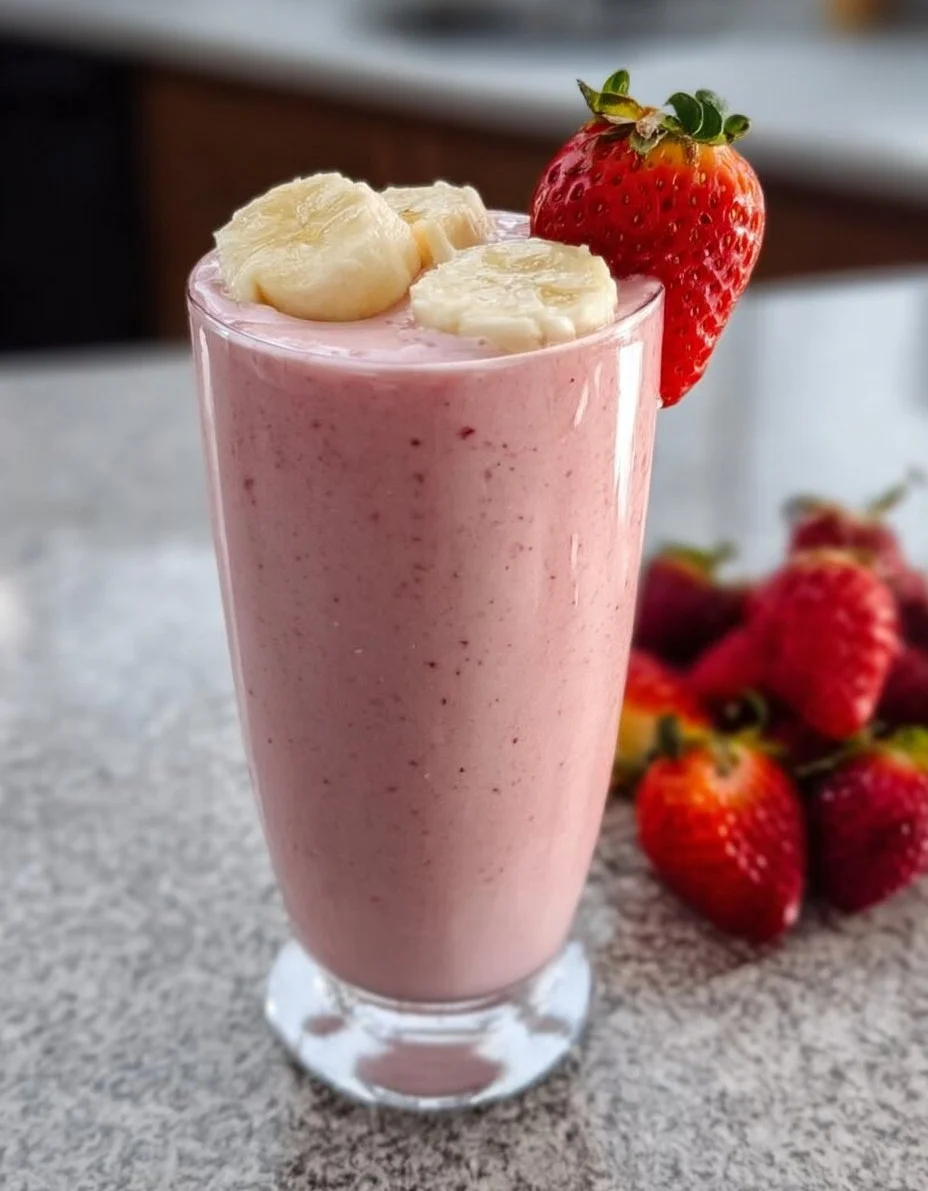 Delicious Strawberry Banana Smoothie in a glass topped with fresh strawberries.