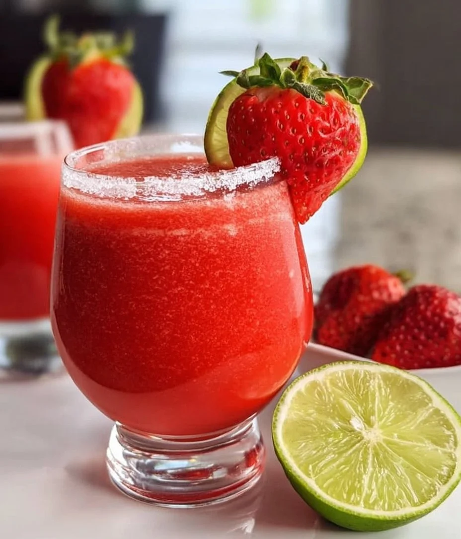 Delicious Strawberry Daiquiri cocktail garnished with fresh strawberries