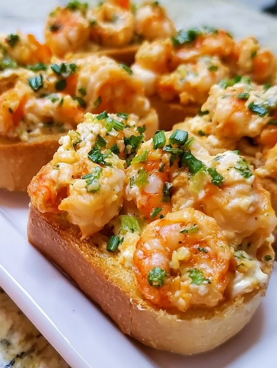 Delicious baked shrimp crostini topped with herbs on a serving platter.