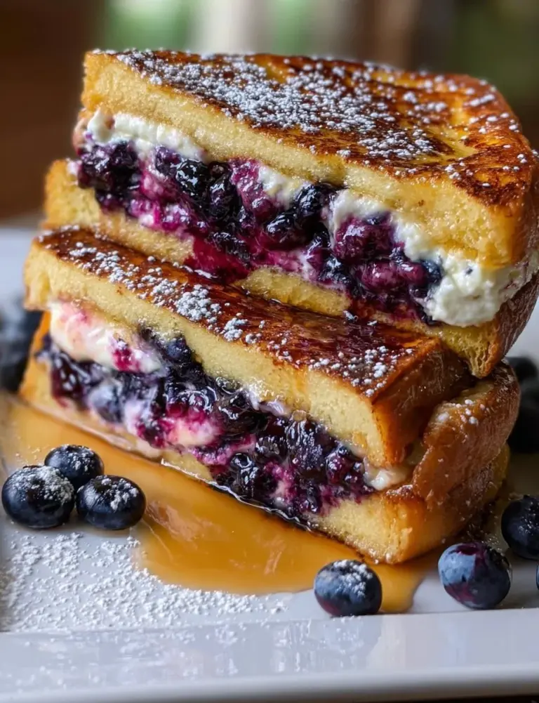 Blueberry Stuffed French Toast topped with fresh blueberries and syrup