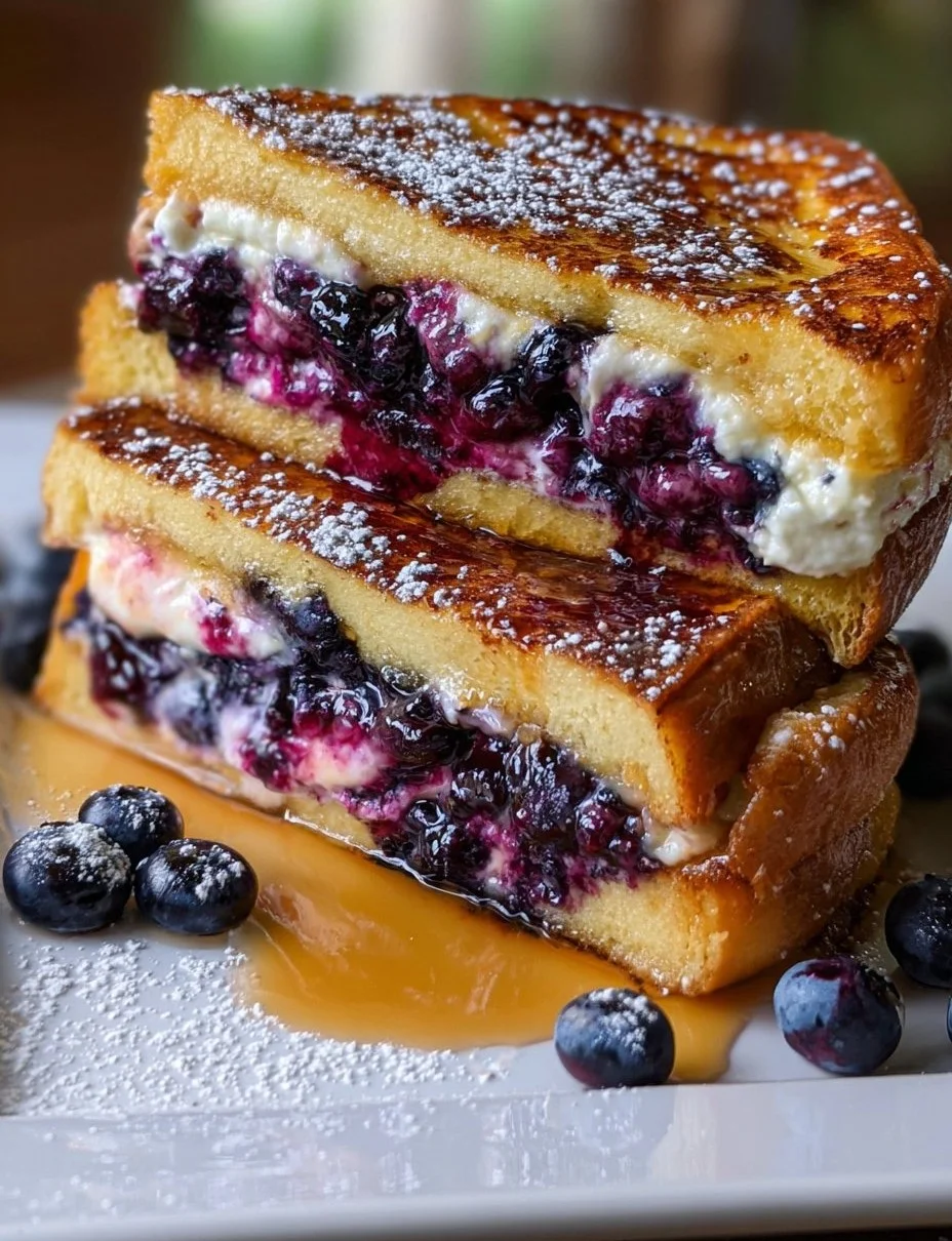 Blueberry Stuffed French Toast topped with fresh blueberries and syrup