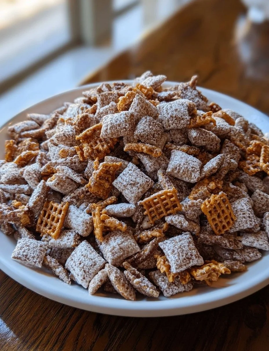Bowl of homemade Butterfinger Puppy Chow snack with chocolate and peanut butter