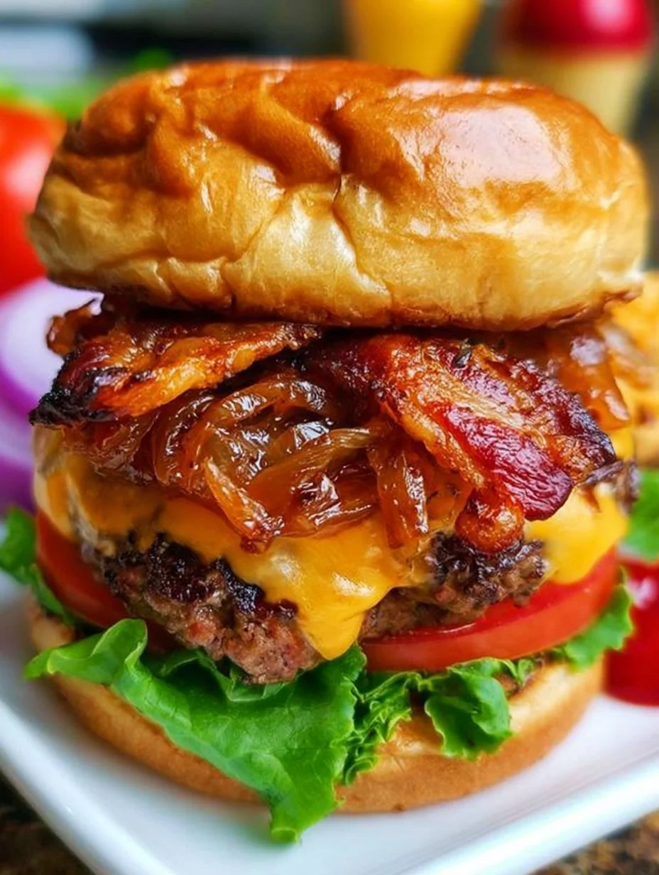 Delicious caramelized onion bacon cheeseburger with melted cheese