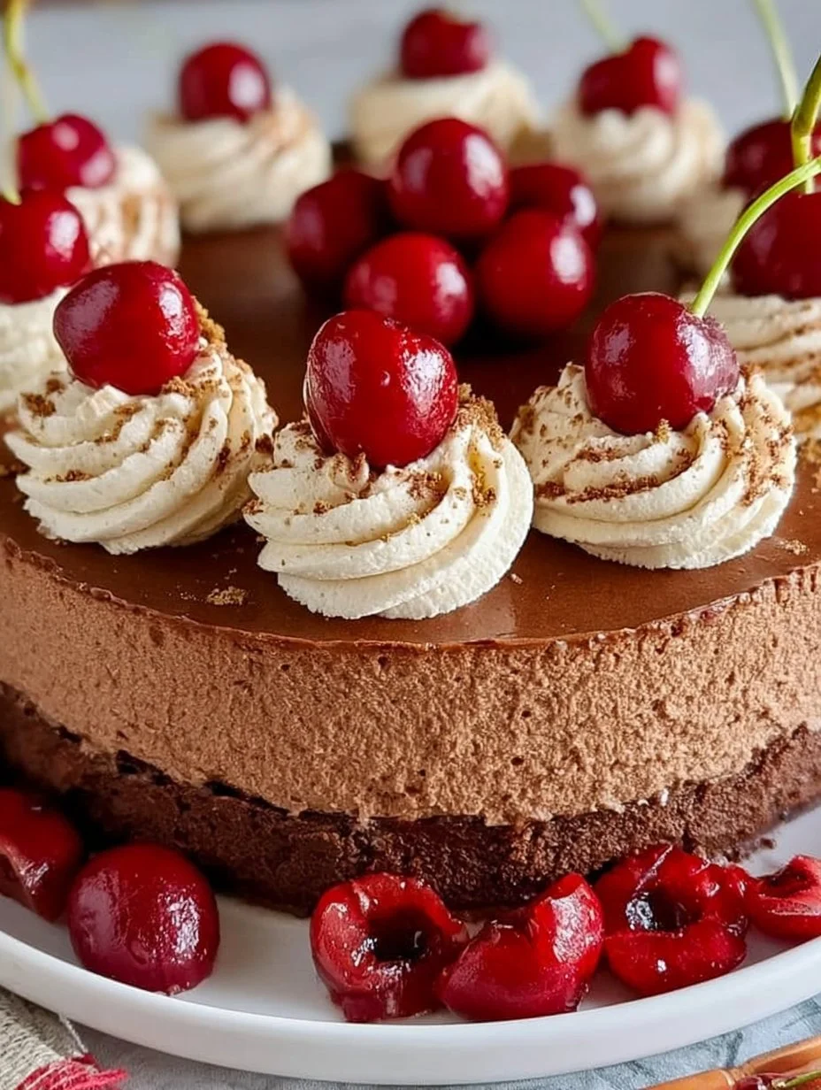 Delicious Cherry Chocolate Mousse Cake topped with fresh cherries and chocolate shavings