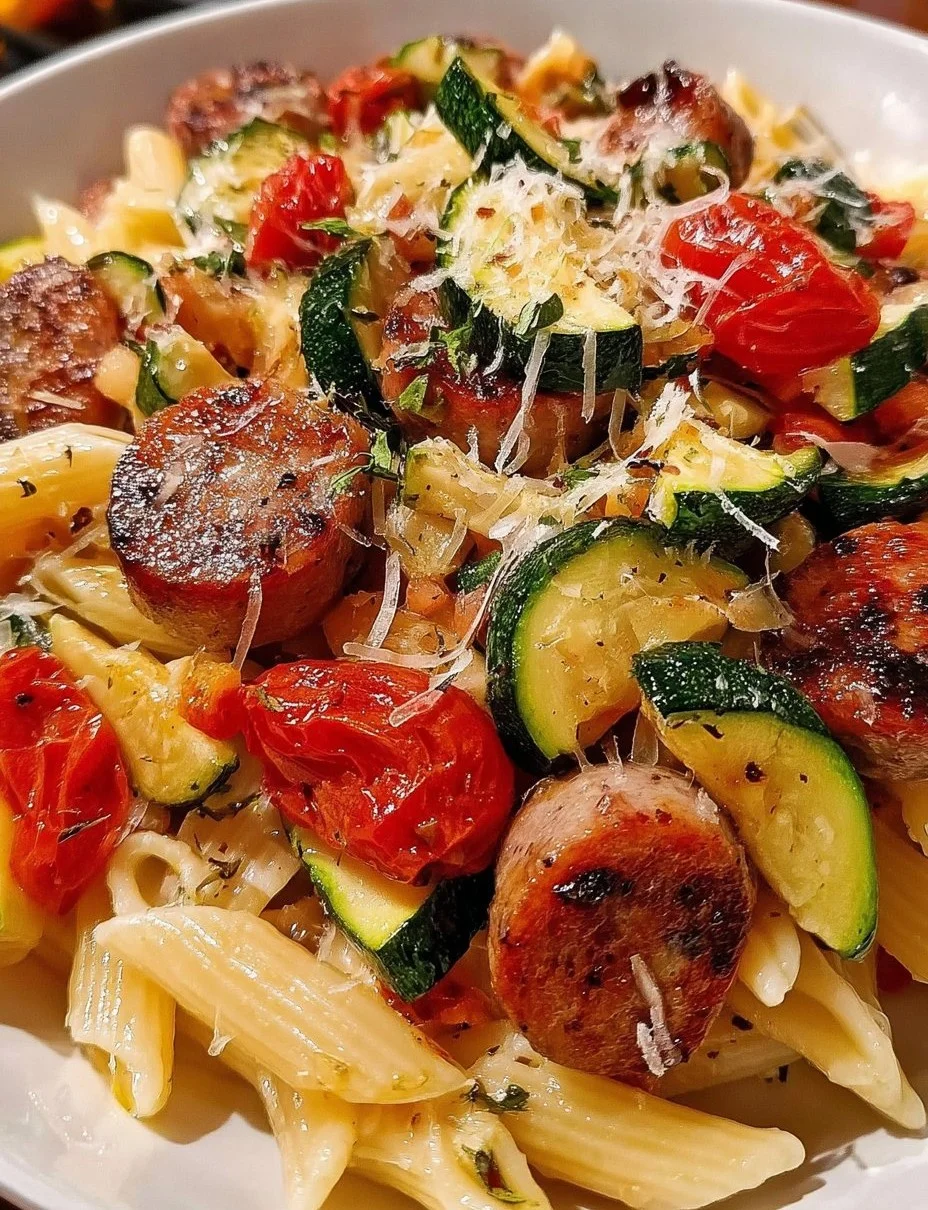 Chicken sausages with zucchini, tomatoes, and pasta served in a bowl