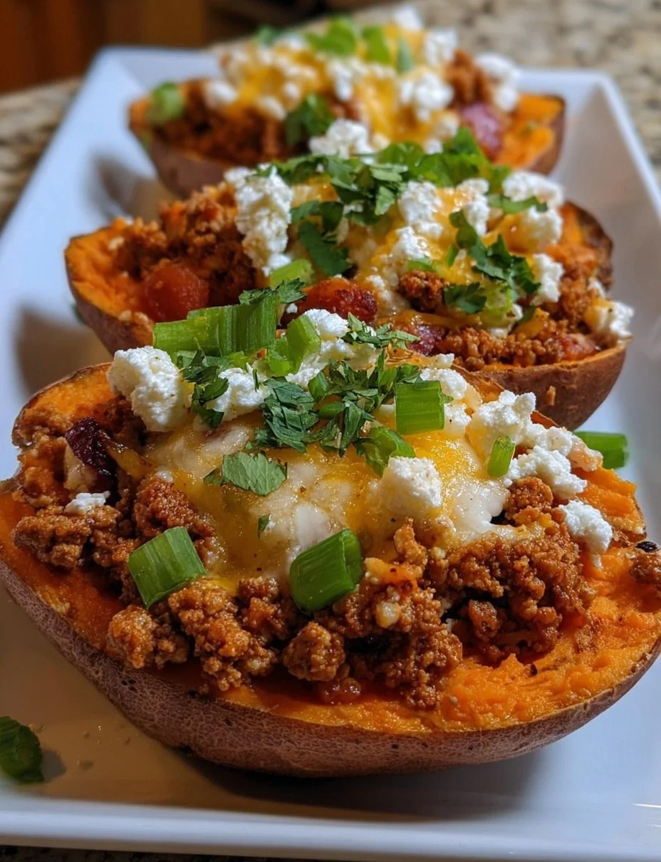 Taco turkey stuffed inside cozy cottage sweet potato boats for a healthy dinner.
