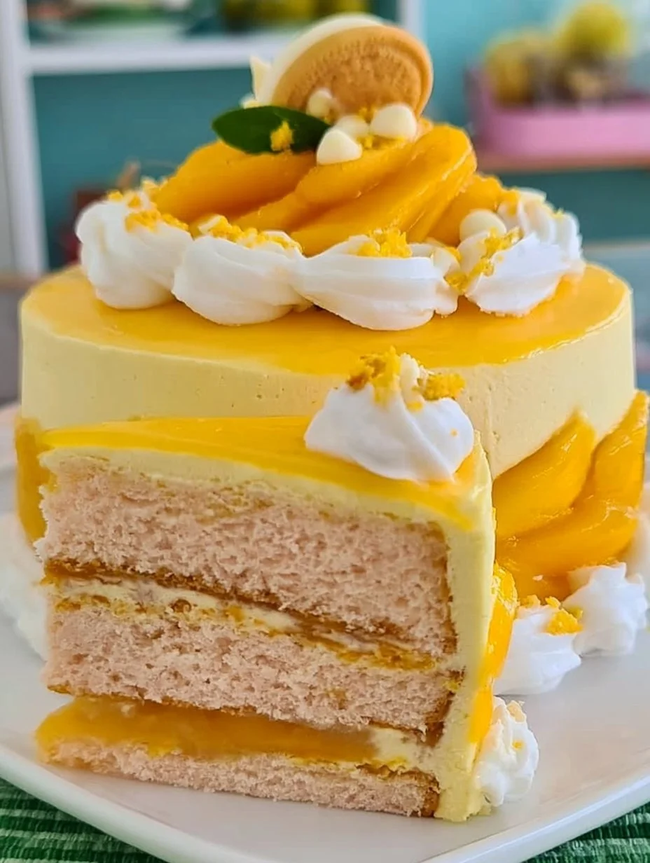 Slice of creamy mango cake with fresh mango pieces on top