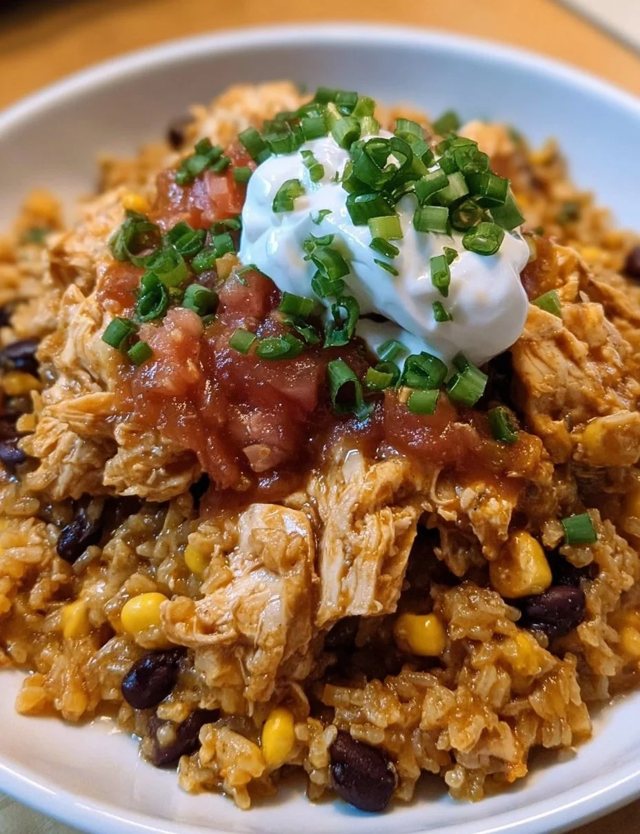 A bowl of Crockpot Taco Chicken and Rice topped with fresh cilantro and lime.