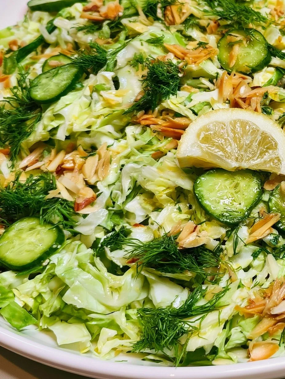 Crisp and colorful cucumber cabbage salad in a serving bowl