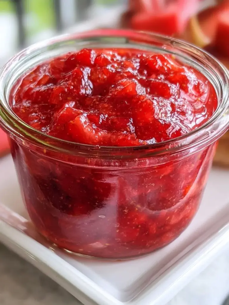 Homemade strawberry rhubarb jam in a glass jar with fresh strawberries and rhubarb