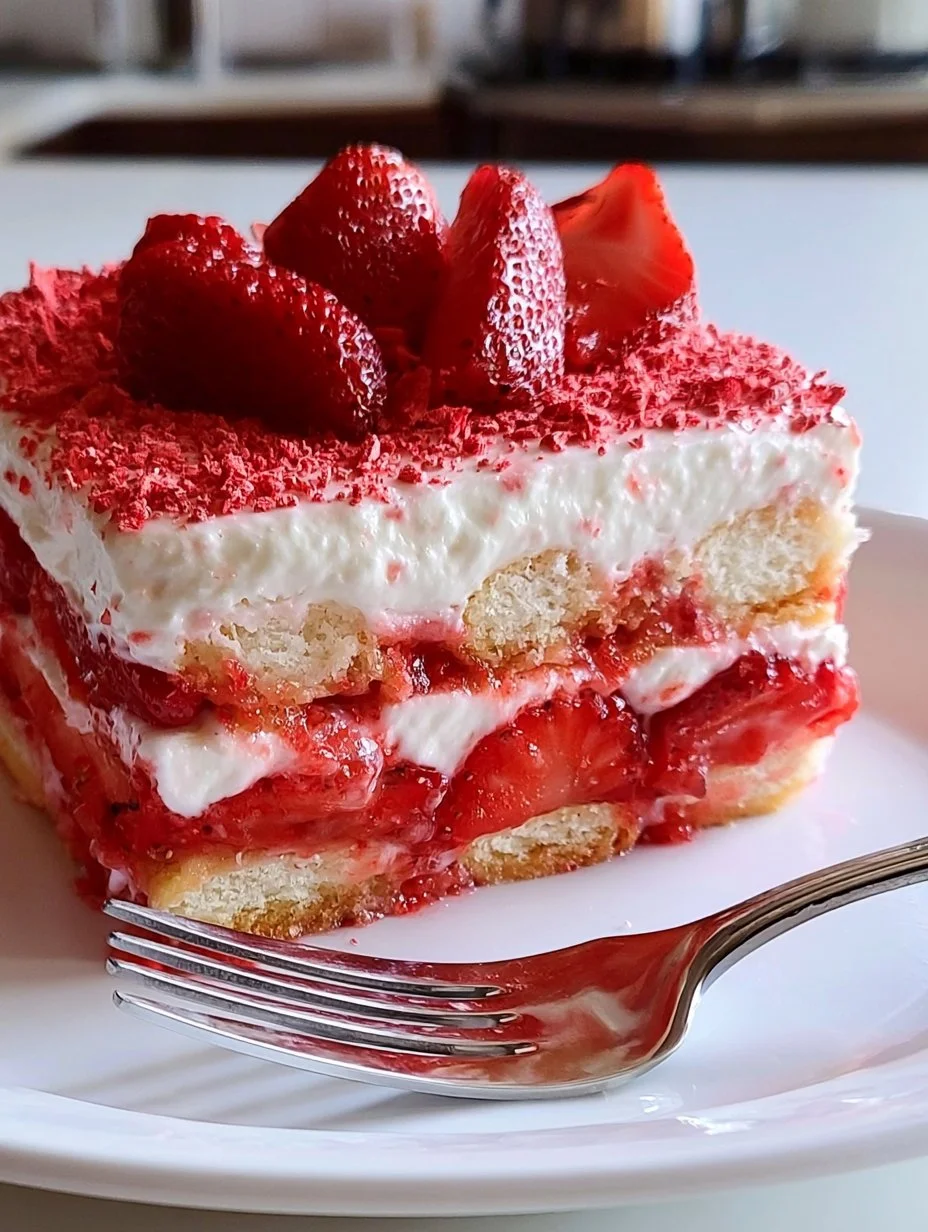 Easy no-bake strawberry tiramisu dessert topped with fresh strawberries and cream.