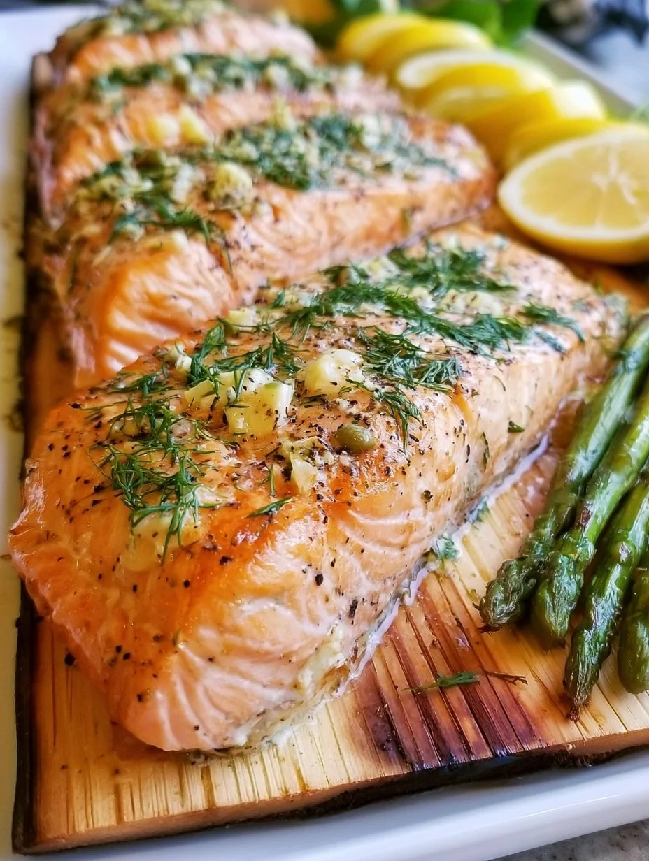 Garlic and lemon cedar plank salmon on a grill, showcasing a flavorful seafood dish.