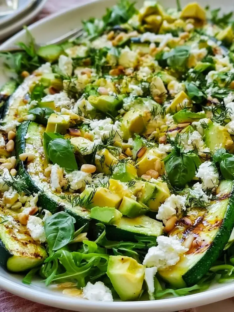 Grilled zucchini salad topped with avocado and feta cheese