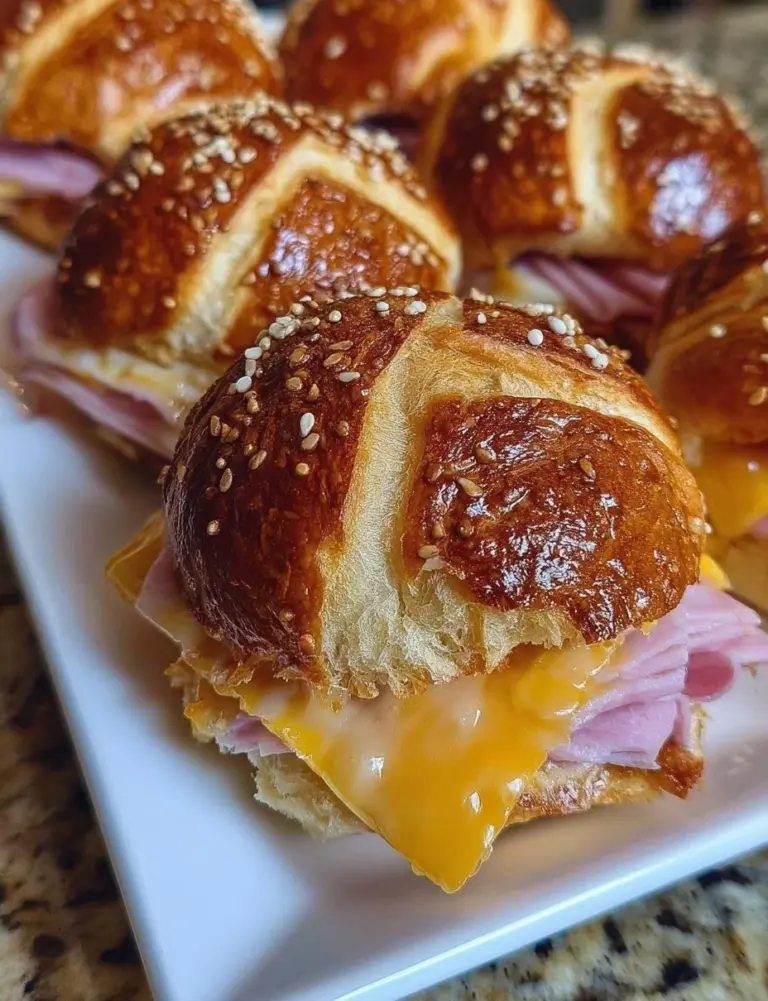 Honey mustard ham and cheese pretzel sliders served on a platter