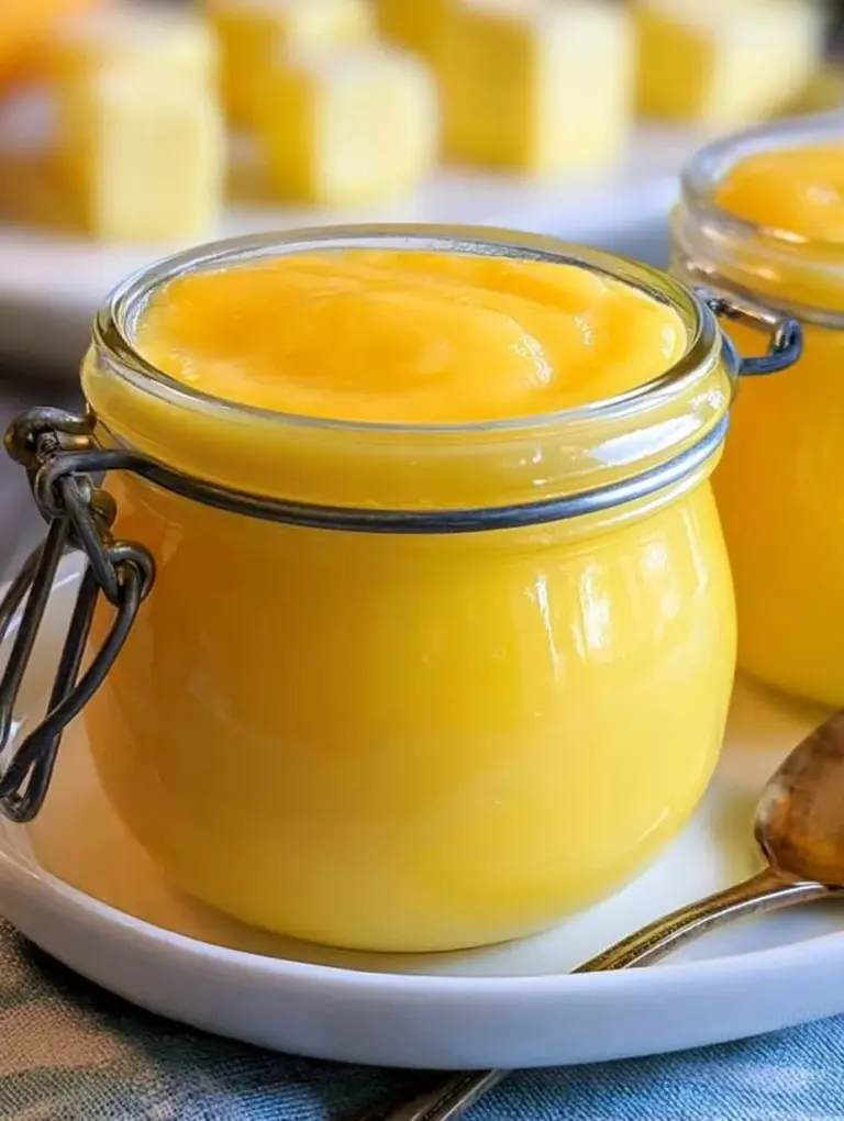 Bowl of homemade lemon curd with a fresh lemon and a whisk