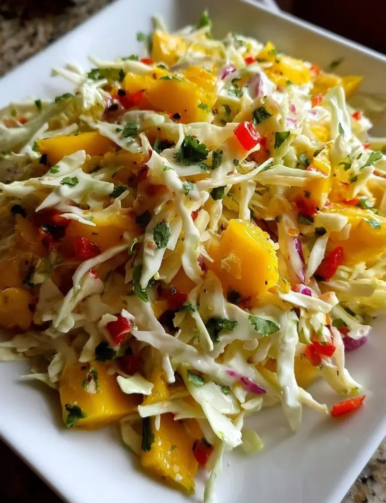 Bowl of colorful Mango Coleslaw with fresh ingredients on a wooden table