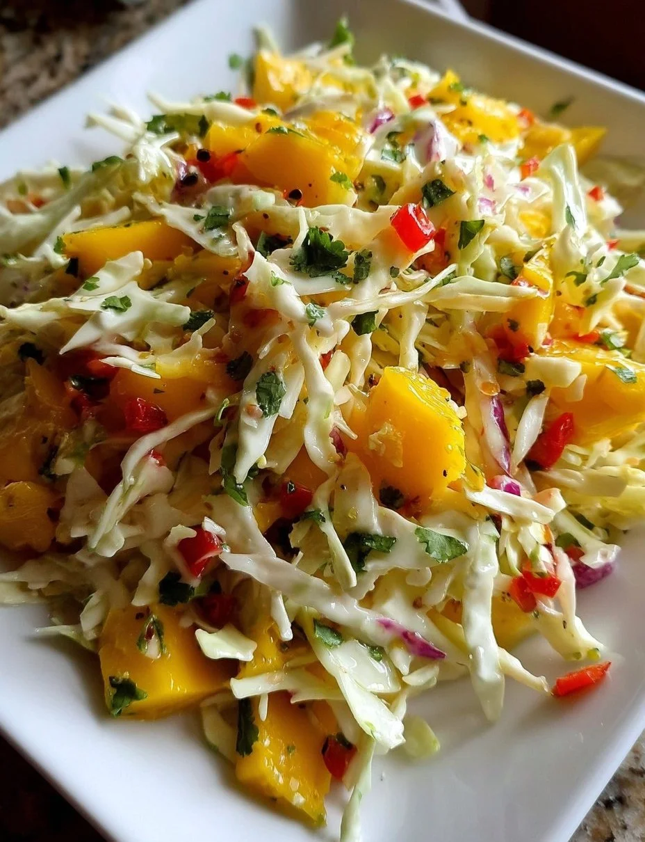 Bowl of colorful Mango Coleslaw with fresh ingredients on a wooden table