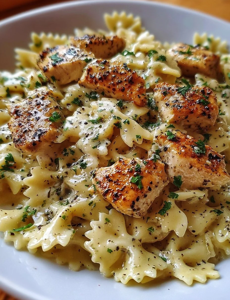 Mozzarella Garlic Butter Chicken Bowties served in a creamy sauce.