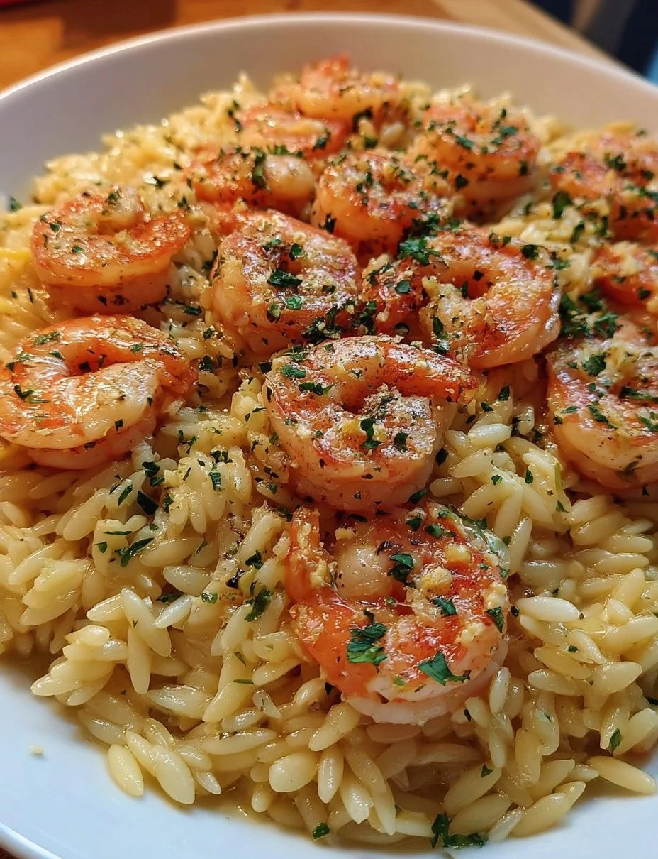 One pot garlic butter shrimp with orzo in a skillet