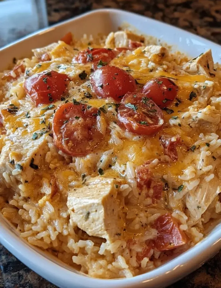 Delicious One Pot Queso Chicken and Rice dish garnished with fresh herbs.