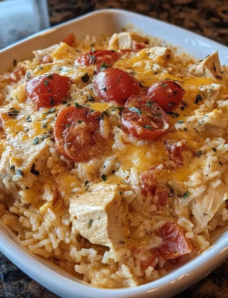 Delicious One Pot Queso Chicken and Rice dish garnished with fresh herbs.