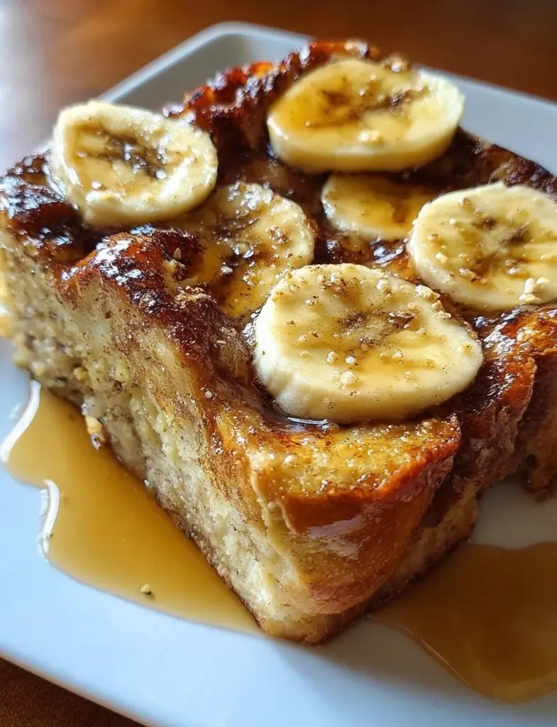 Overnight banana French toast casserole in a baking dish topped with sliced bananas