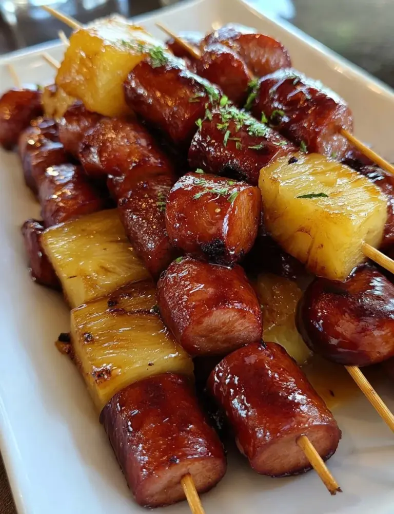 Pineapple Brown Sugar Smokies skewers garnished and ready to serve