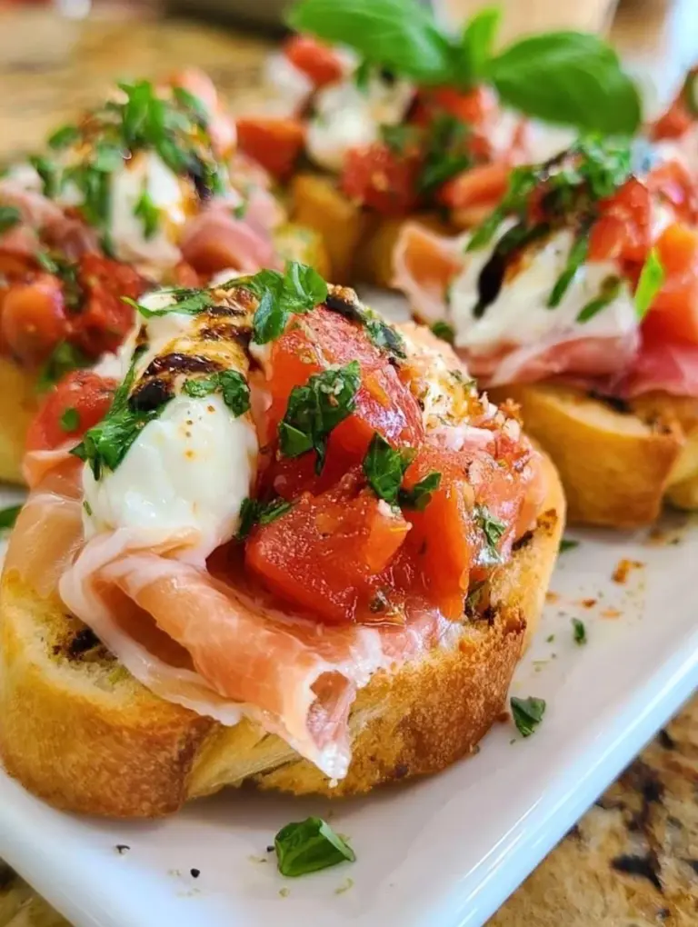 Delicious prosciutto burrata bruschetta served on toasted bread.