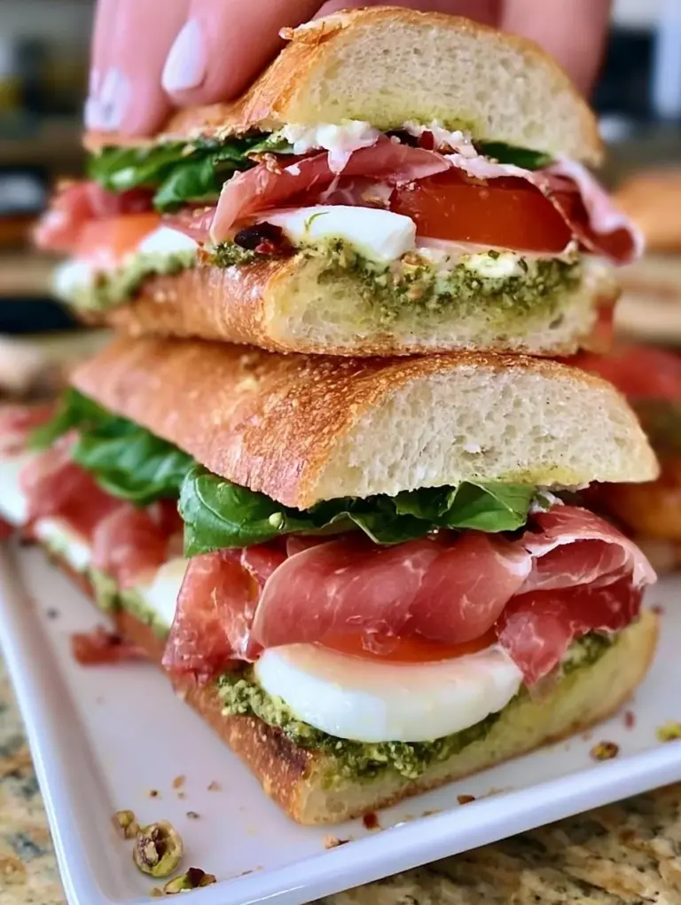 Prosciutto pesto sandwich with fresh tomatoes on a wooden cutting board