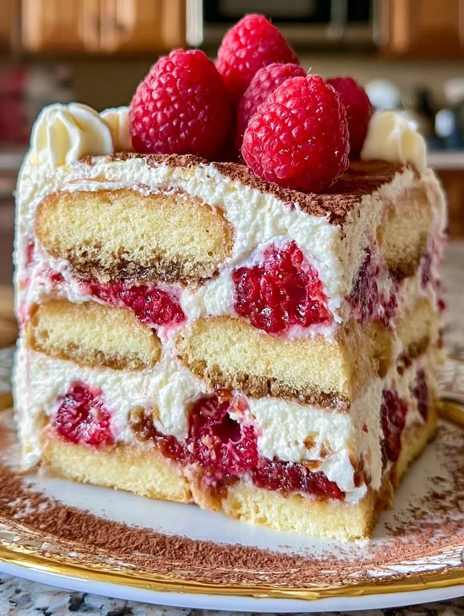 Delicious Raspberry Tiramisu Cake with fresh raspberries and creamy layers