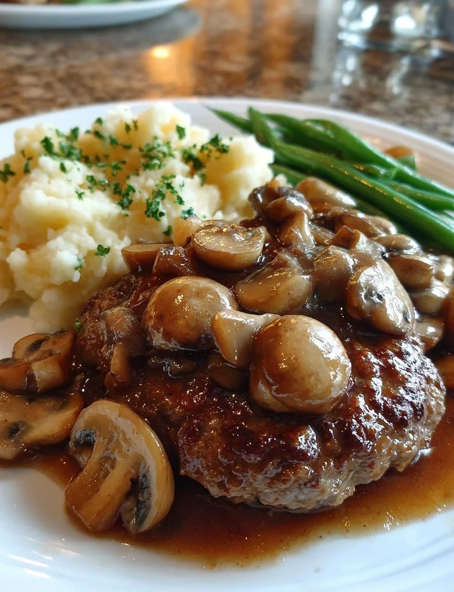 Delicious Salisbury steak served with gravy and mashed potatoes on a plate.
