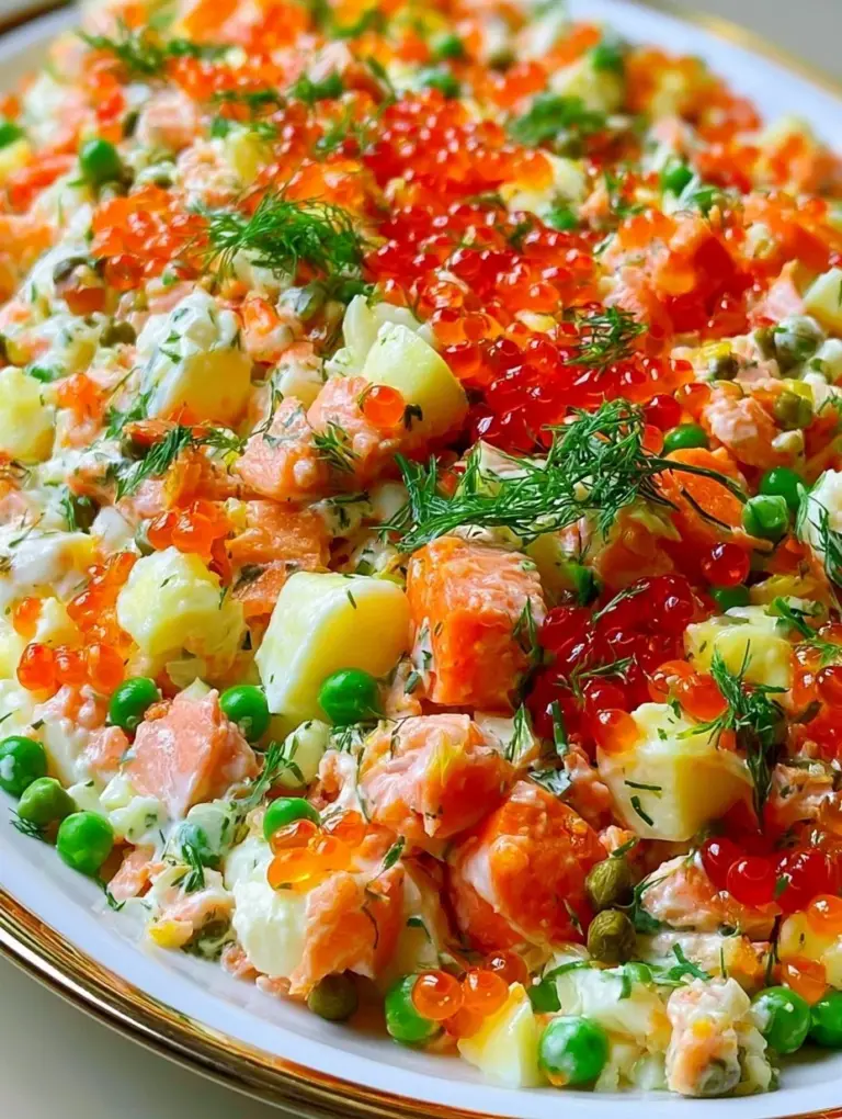 Smoked salmon Olivier potato salad served in a bowl with fresh herbs