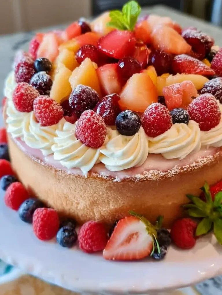 Delicious summer fruit sangria cake topped with fresh fruits and icing
