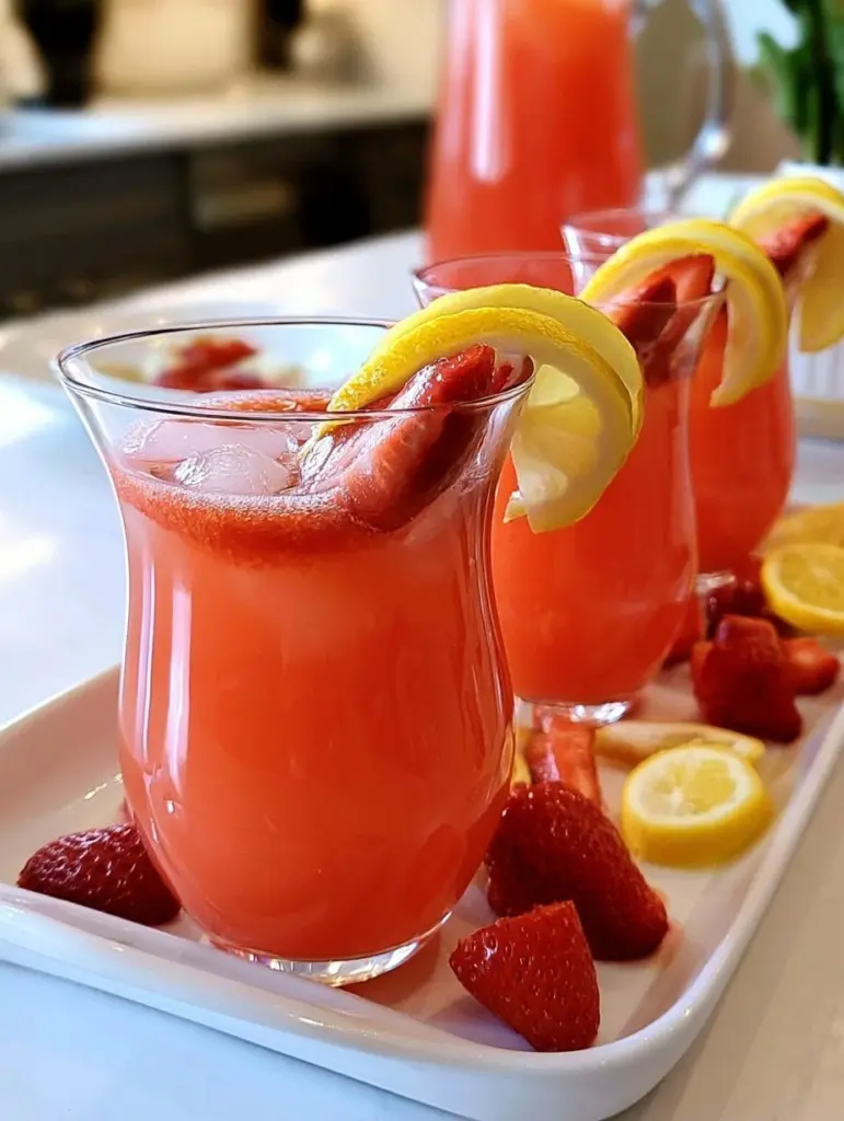Homemade strawberry lemonade in a glass with fresh strawberries and lemons